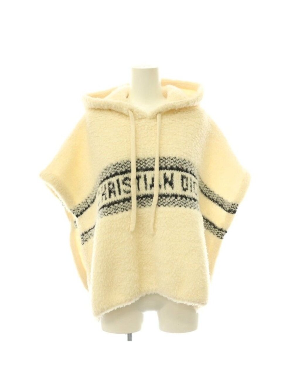 Dior Cashmere Mixed Fleece Poncho Hood Ivory Black XS